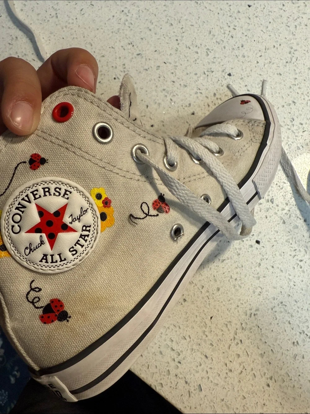 Converse Kids White High-Top Sneakers with Ladybug & Floral Accents